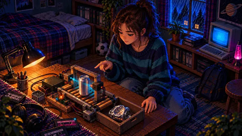 Pixel art of a girl comparing an intact and a crushed drink can on a model sorting line in a retro bedroom.