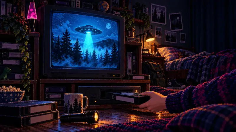 Pixel-art CRT television showing a UFO above a pine forest while a hand inserts a VHS tape in a dark, cozy retro bedroom.