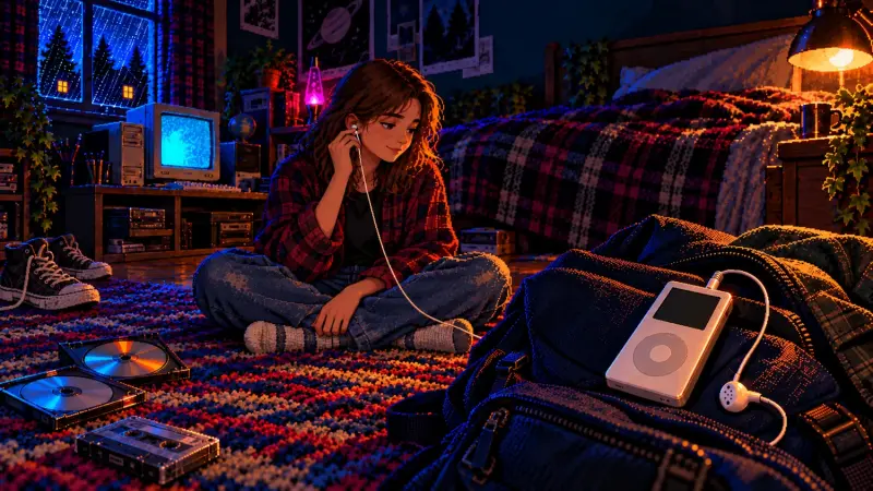 Pixel art of a girl listening to an earbud beside a white music player on a backpack in a dark retro bedroom.