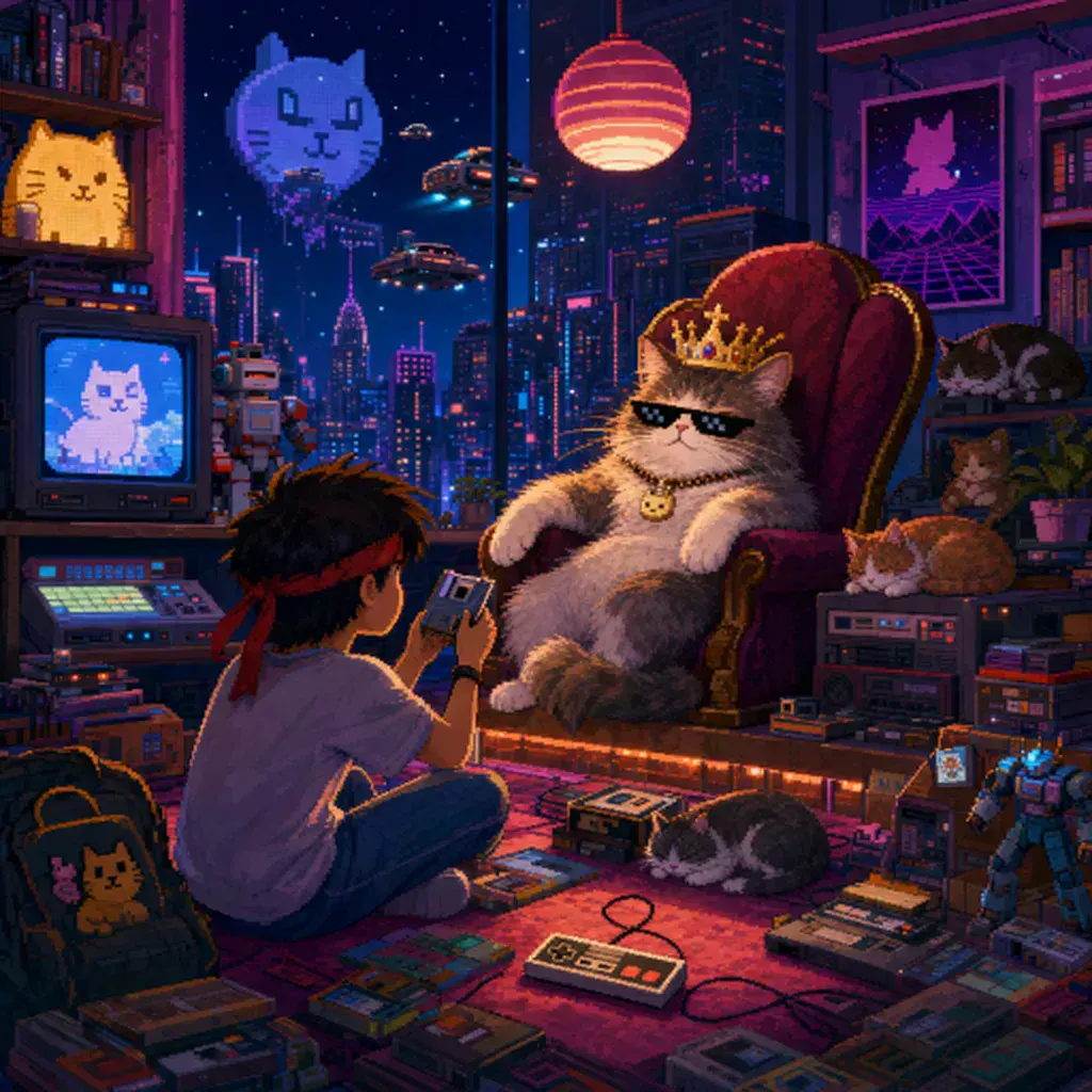 Pixel-art illustration for “International Cat Day”