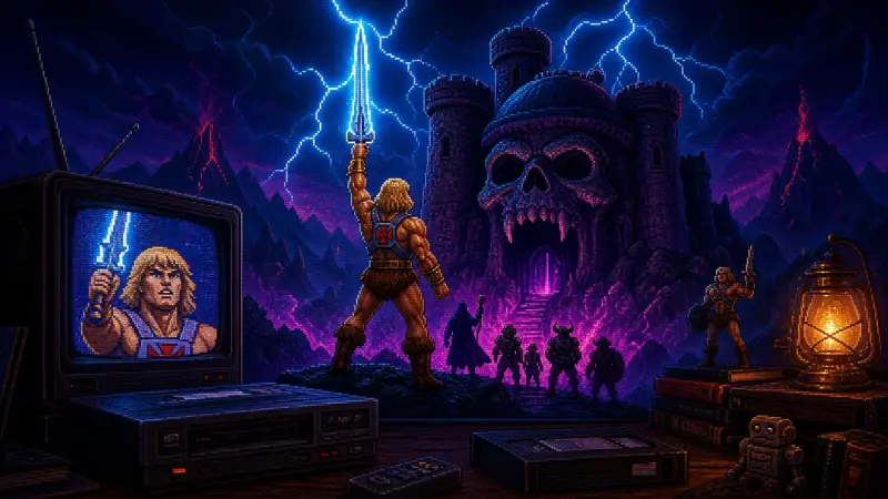 La primera emisión televisiva de He-Man Ilustración pixel art para «Primera emisión de He-Man»