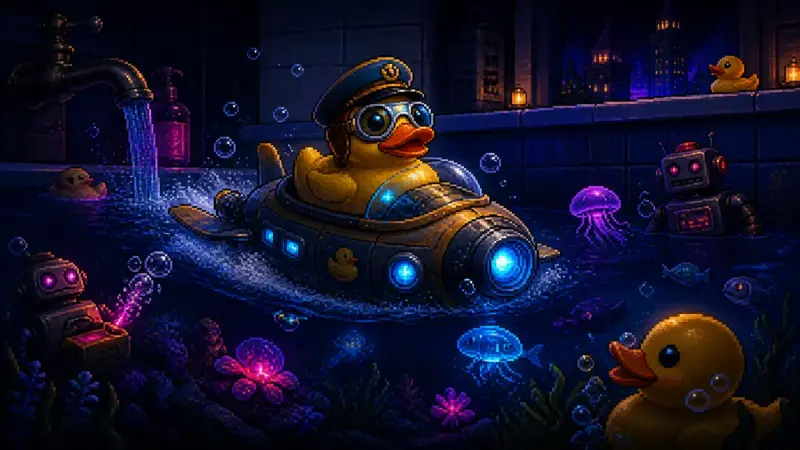 Tag des Quietscheentchens – Rubber Duckie Day Pixel-Art-Illustration zu „Tag des Quietscheentchens“