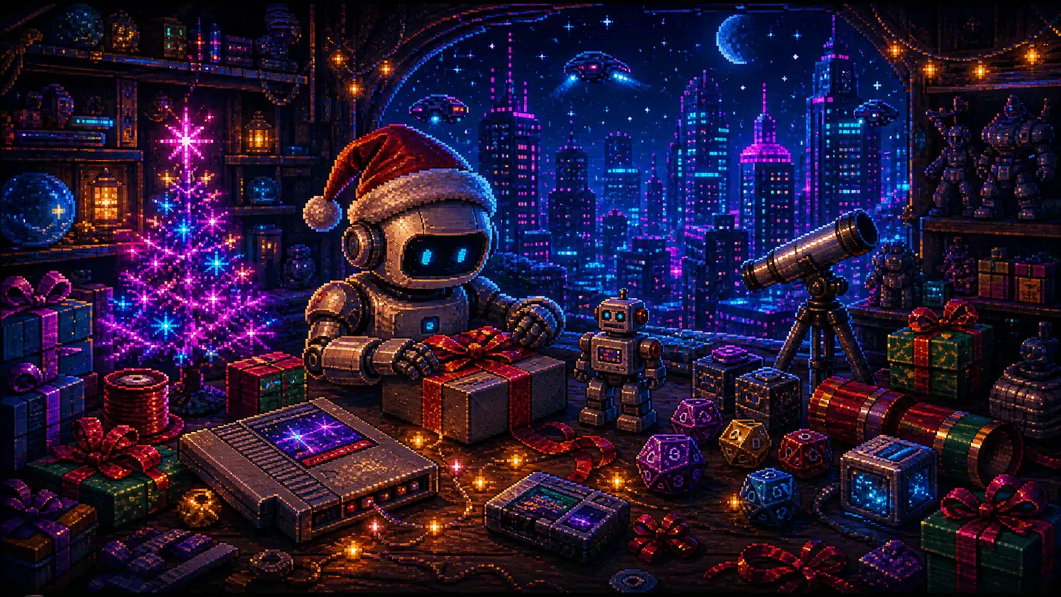 Pixel-Art-Illustration zu „Nerdige Weihnachtsgeschenke“