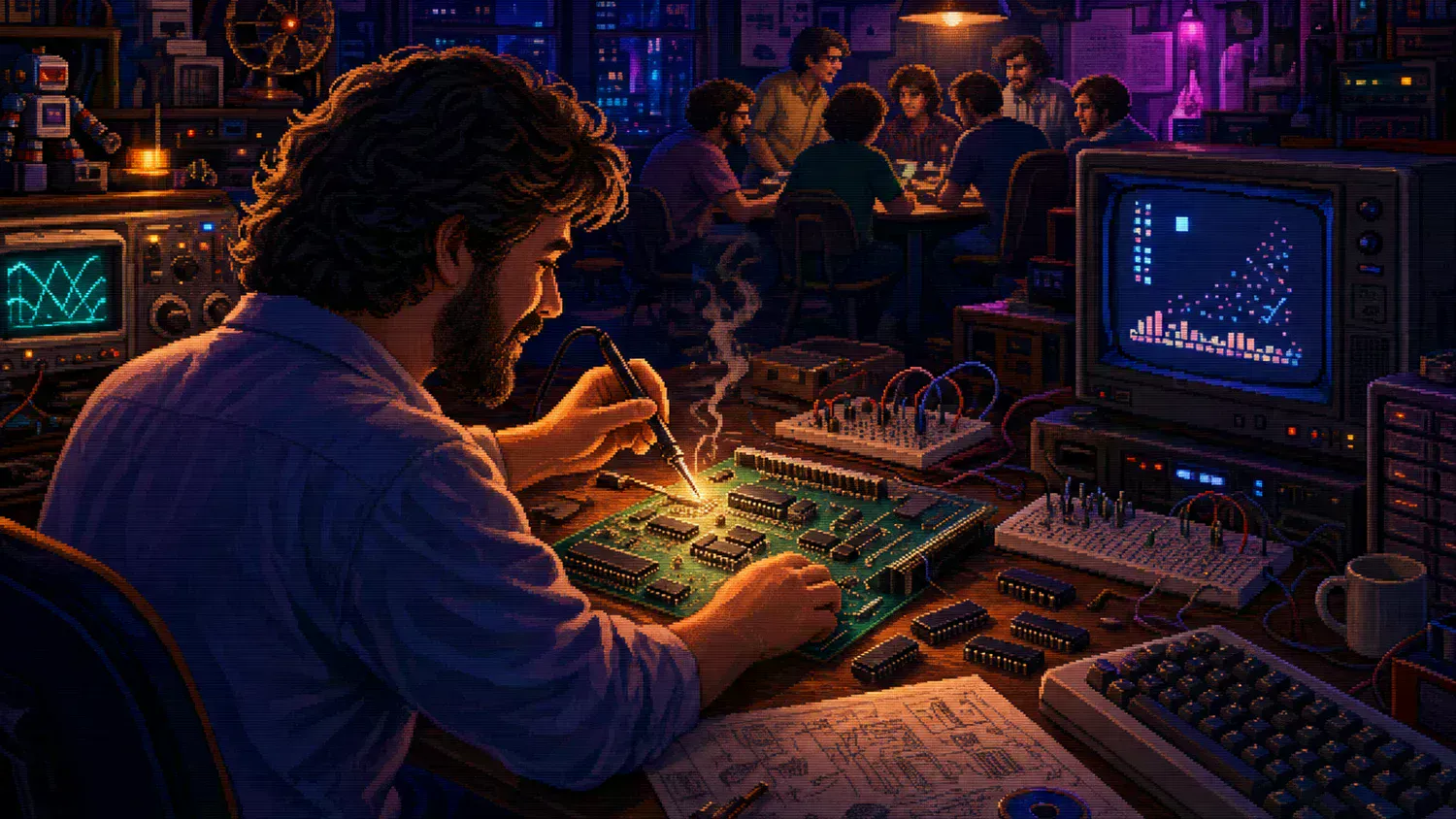 Pixel-art portrait of Steve Wozniak beside an early personal computer