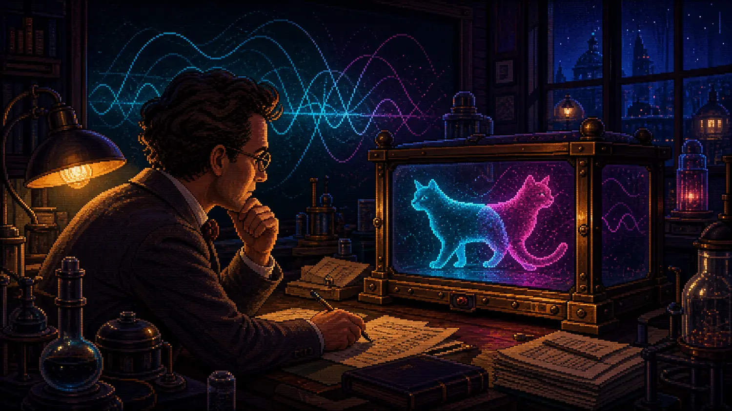 Pixel-Art-Physiker betrachtet überlagerte cyan- und magentafarbene Katzenzustände in einem dunklen Labor der 1930er