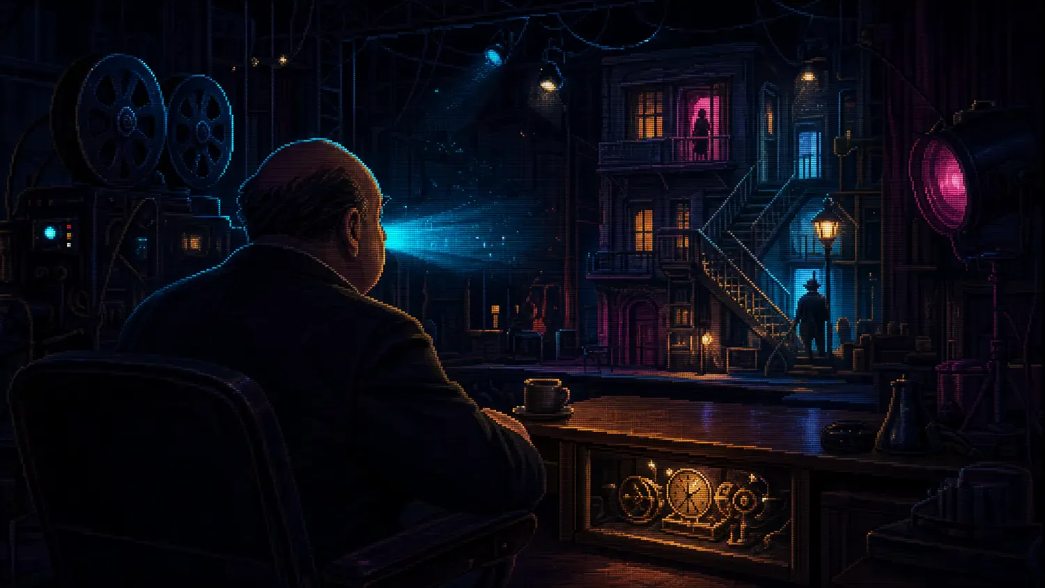 Alfred Hitchcock: la máquina del suspense Homenaje cinematográfico en pixel art a Alfred Hitchcock ante un plató oscuro con un mecanismo de relojería bajo una mesa