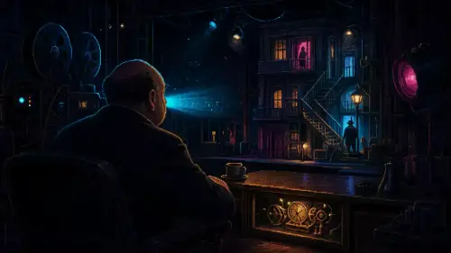 Alfred Hitchcock at 127: How the Suspense Machine Works Cinematic pixel-art homage to Alfred Hitchcock observing a shadowy film set with a clockwork device beneath a table