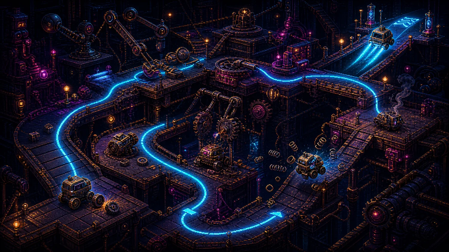 Isometric pixel-art test course with failed prototypes and one machine following a glowing cyan route