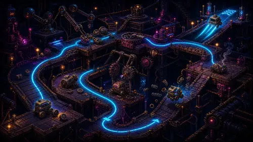 Isometric pixel-art test course with failed prototypes and one machine following a glowing cyan route