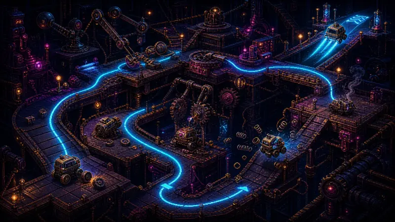 Isometric pixel-art test course with failed prototypes and one machine following a glowing cyan route