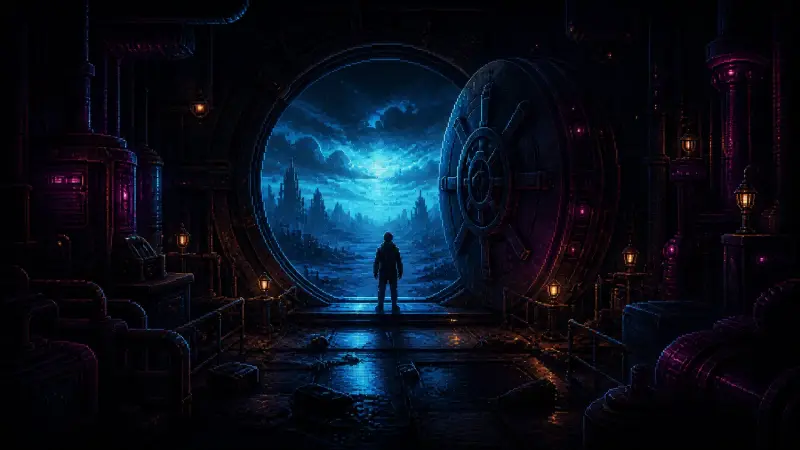 Fallout 3: Why the Escape from Vault 101 Still Works Anonymous lone figure stands before an open circular bunker door and a cyan-lit ruined wasteland in detailed pixel art