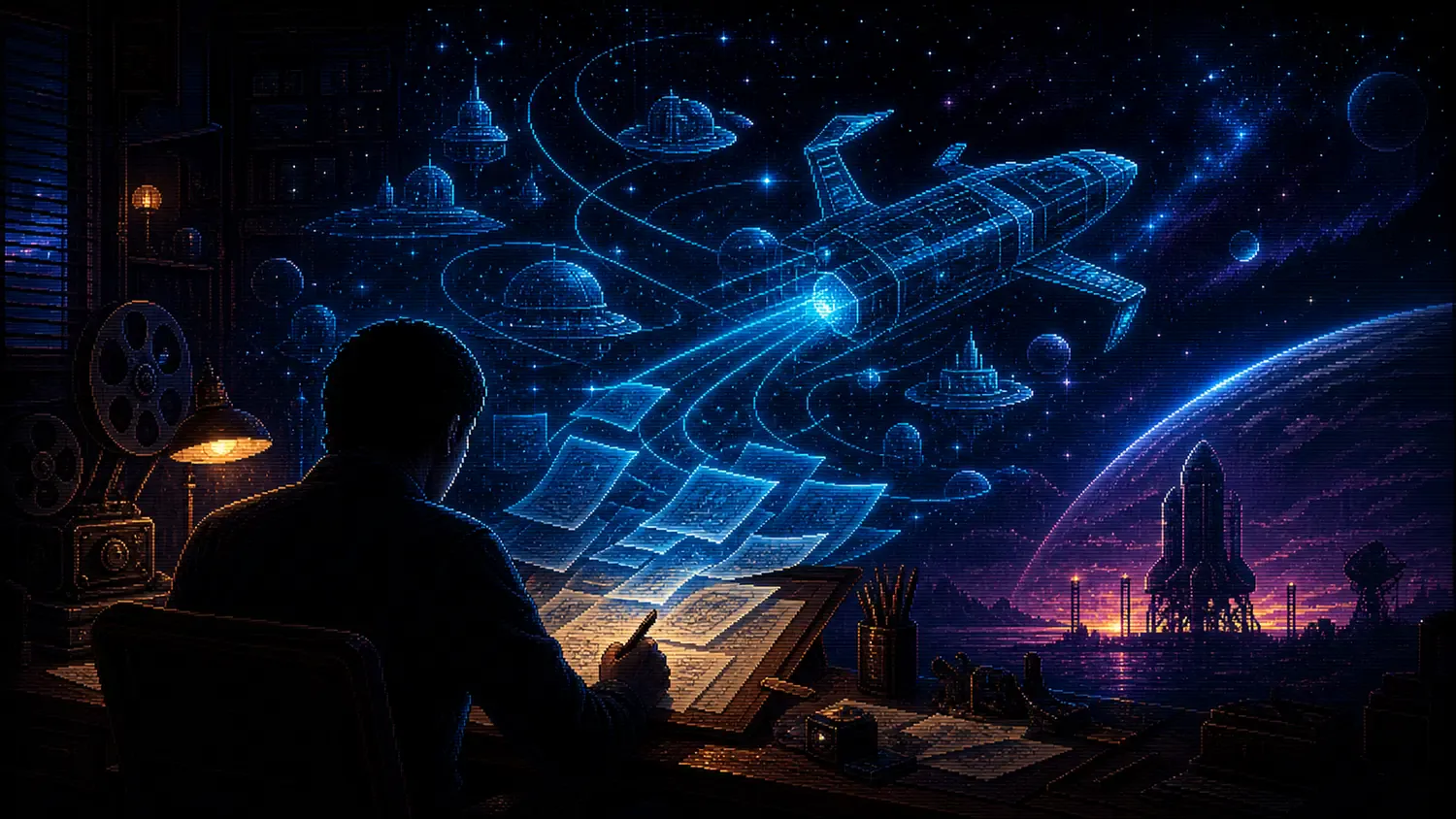 Gene Roddenberry: designing a future for television Anonymous television writer drafts glowing space routes and an original spacecraft in detailed dark pixel art