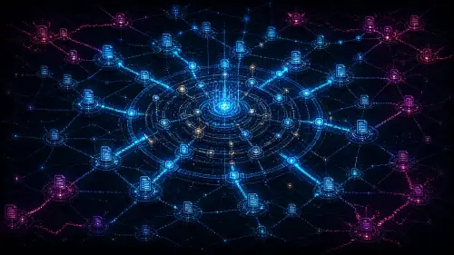 Weighted web links radiate from a luminous PageRank core in a dark cinematic pixel-art network