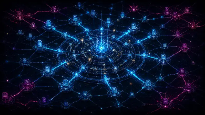 Weighted web links radiate from a luminous PageRank core in a dark cinematic pixel-art network