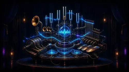 A cinematic pixel-art machine combines tuning forks, brass horns, strings and percussion around a glowing cyan sound wave