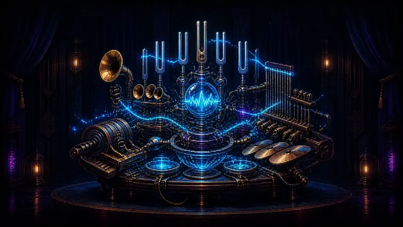 A cinematic pixel-art machine combines tuning forks, brass horns, strings and percussion around a glowing cyan sound wave