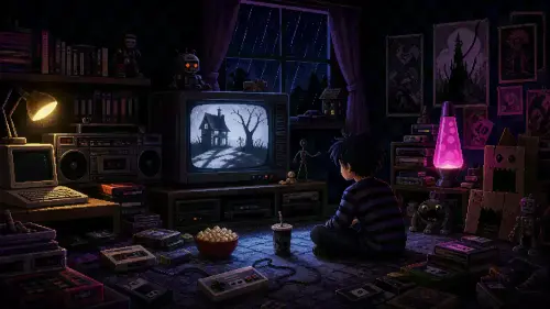 Pixel-art 1980s and 1990s bedroom with a child watching an original gothic stop-motion scene on a CRT television