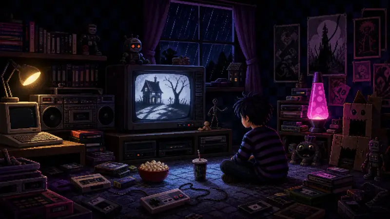 Pixel-art 1980s and 1990s bedroom with a child watching an original gothic stop-motion scene on a CRT television