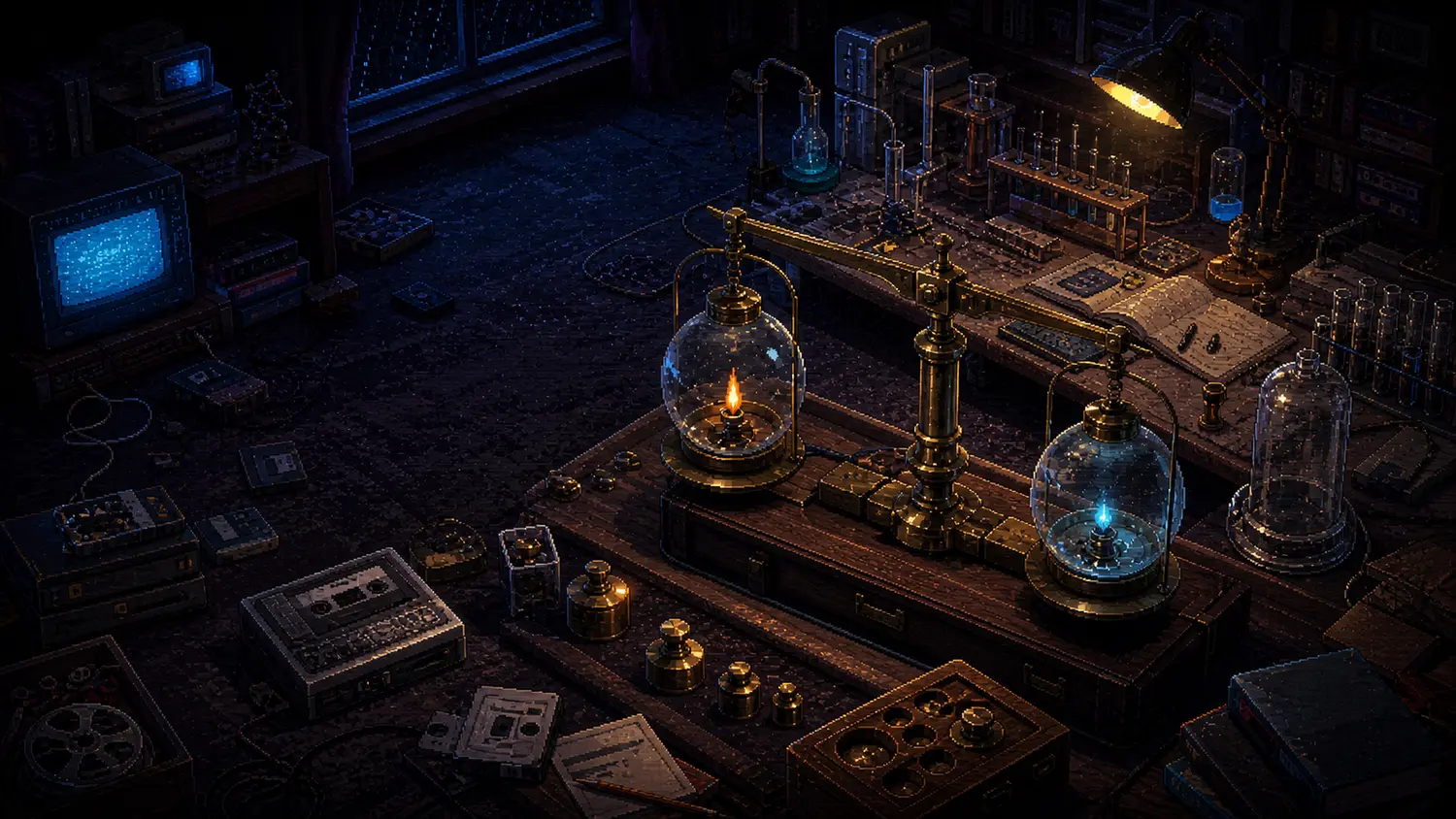 Antoine Lavoisier à 283 ans : la balance qui a changé la chimie Chambre d’adolescent des années 1980 en pixel art avec une balance en laiton et deux récipients en verre scellés lors d’une expérience de chimie