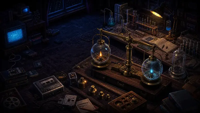 Pixel-art 1980s bedroom with a brass balance weighing two sealed glass vessels during a chemistry experiment