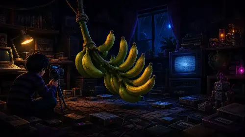Banana Lovers Day 2026: Why Bananas Are Curved Pixel-art 1990s bedroom with a teenager photographing a hanging banana bunch whose fruits curve upward