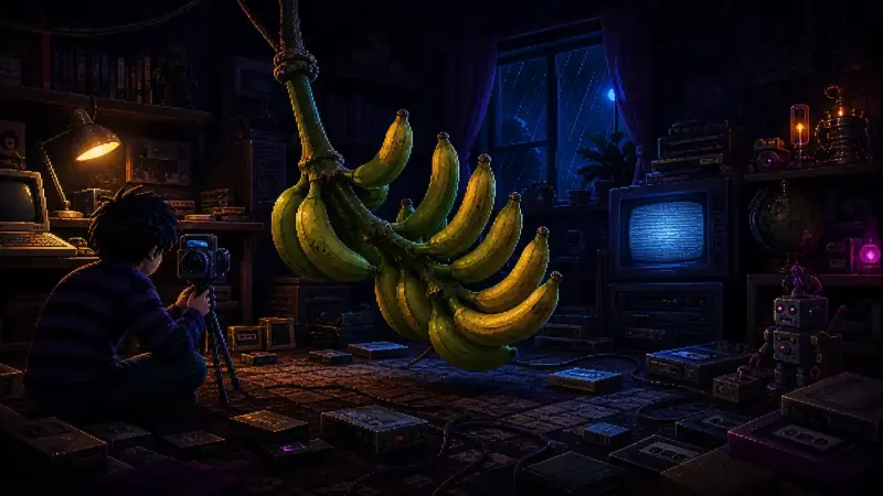 Pixel-art 1990s bedroom with a teenager photographing a hanging banana bunch whose fruits curve upward