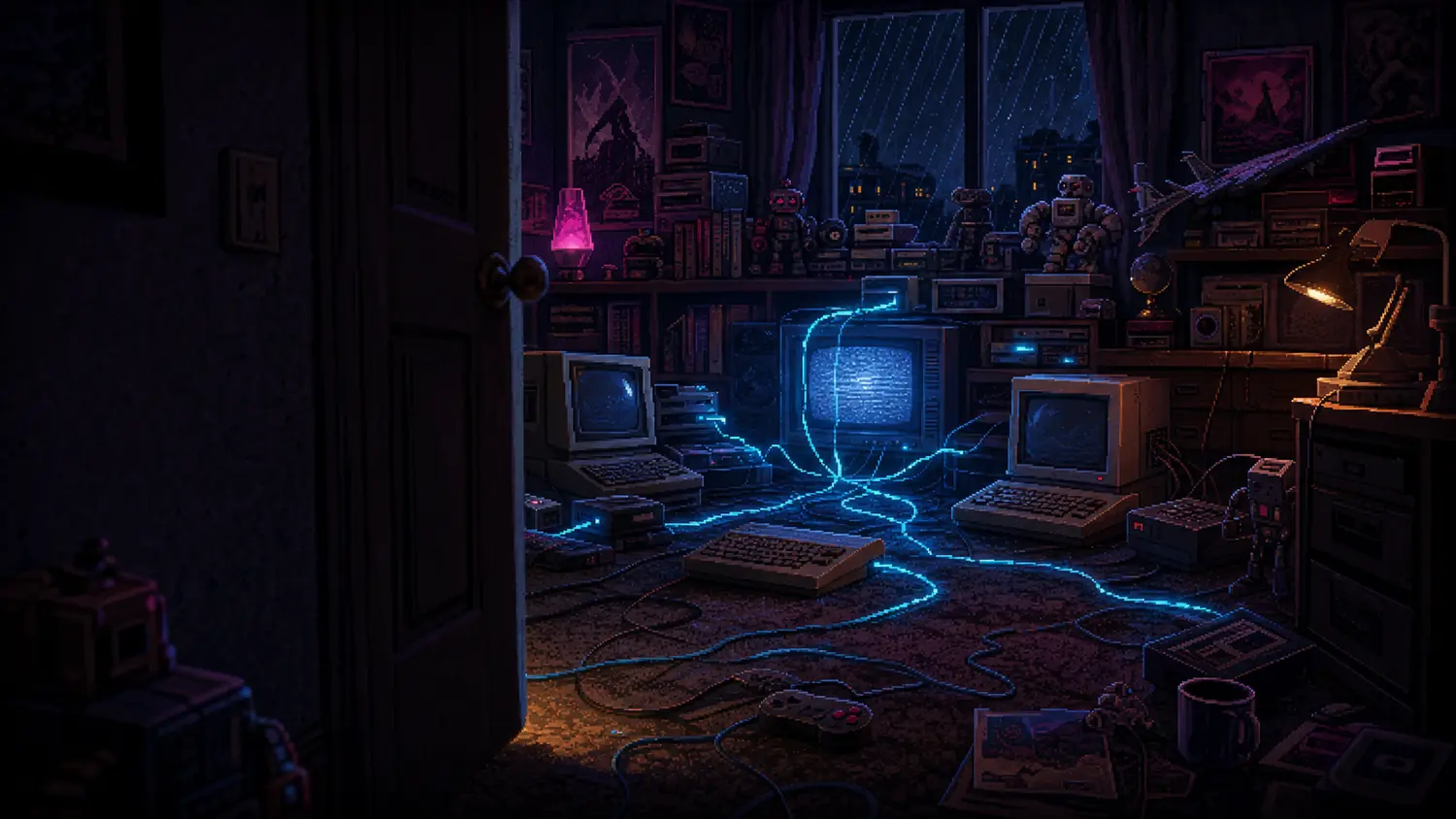 A dark 1990s bedroom where cyan-lit cables connect CRT computers and toy robots as a network awakens