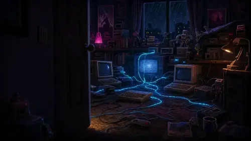 A dark 1990s bedroom where cyan-lit cables connect CRT computers and toy robots as a network awakens