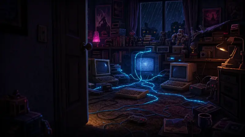 Judgment Day 2026: Skynet’s Missing Off Switch A dark 1990s bedroom where cyan-lit cables connect CRT computers and toy robots as a network awakens