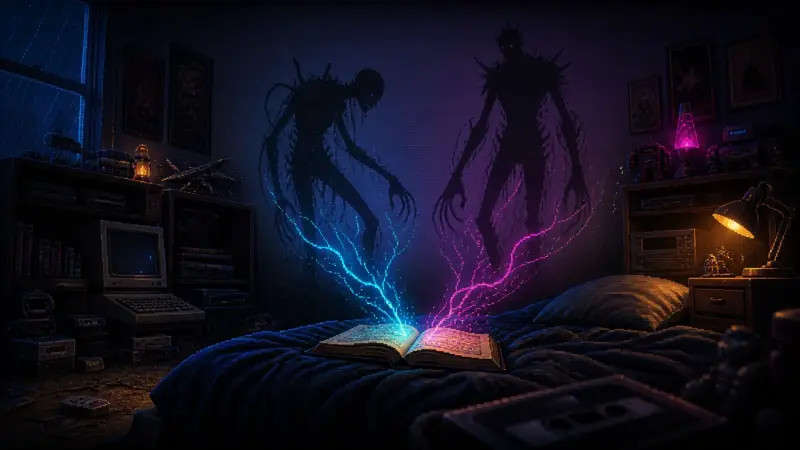 Mary Shelley at 229: Which Frankenstein Should You Read? An open novel in a dark 1990s bedroom casts two different cyan and magenta creature shadows