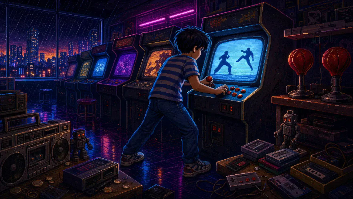 A child plays a fighting game on a CRT arcade cabinet in a neon-lit late-1980s arcade