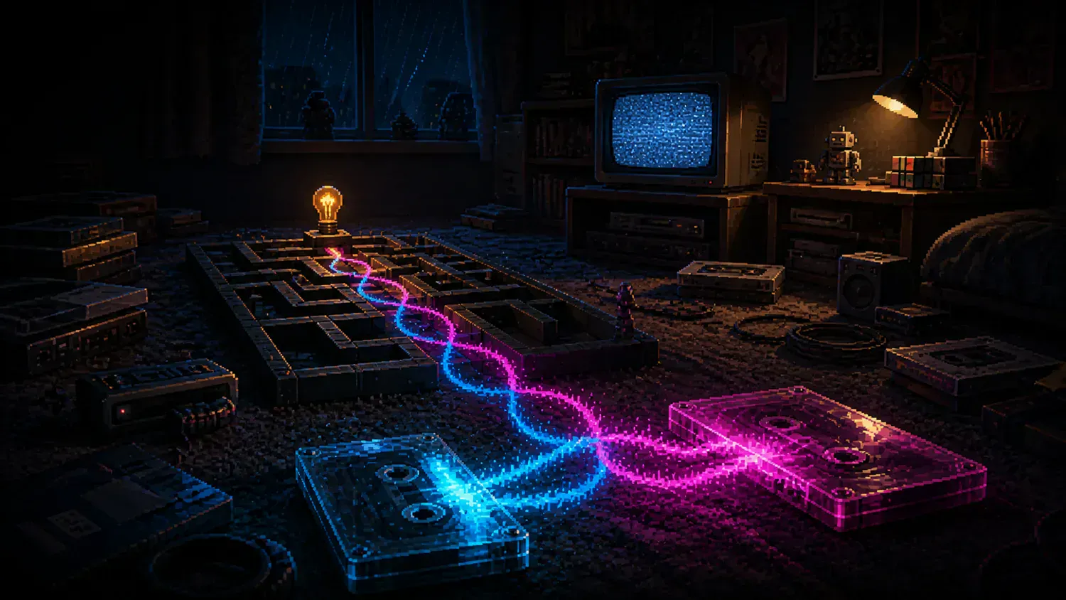 Two glowing audio cassettes send matching cyan and magenta sound waves through a maze toward an amber bulb in a dark 1990s bedroom