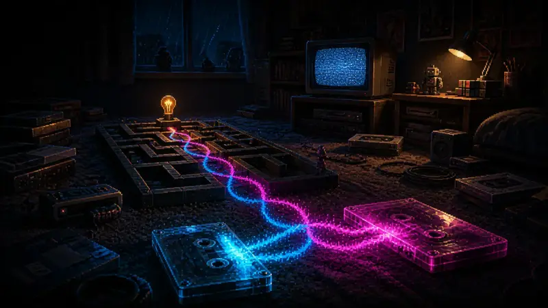 Two glowing audio cassettes send matching cyan and magenta sound waves through a maze toward an amber bulb in a dark 1990s bedroom