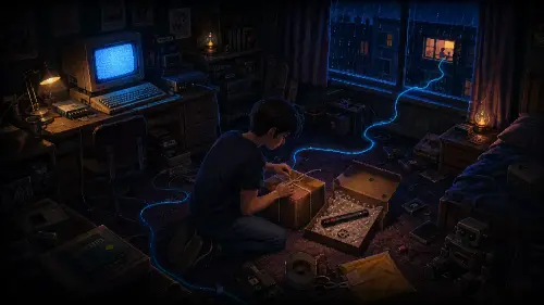 A teenager in a dark 1995 bedroom packs a broken laser pointer while a glowing modem cable reaches a distant window