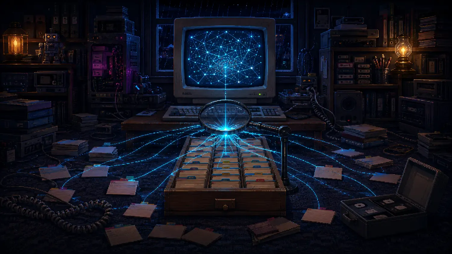 A 1990s bedroom search lab with a CRT network, magnifying glass and glowing links joining index cards