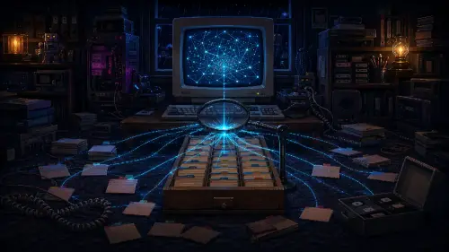 A 1990s bedroom search lab with a CRT network, magnifying glass and glowing links joining index cards