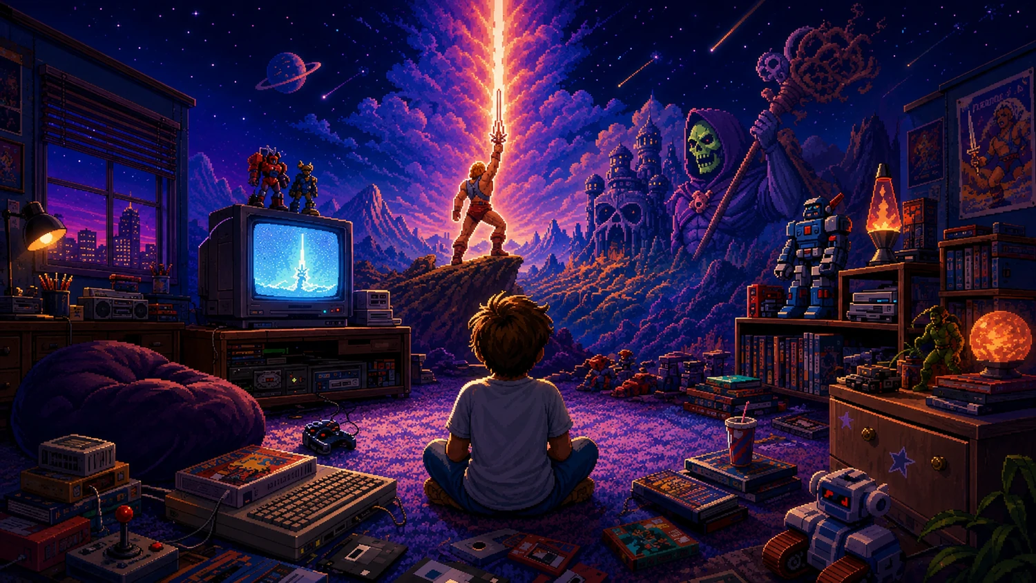 A child sits before a CRT as the bedroom opens into a pixel-art fantasy of a sword-raising hero, castle and hooded skull figure