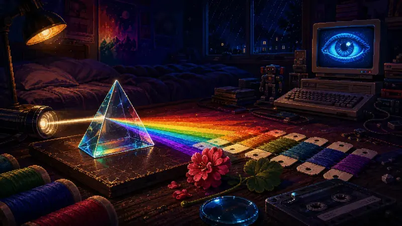 A glass prism casts a spectrum across coloured threads beside a CRT showing an eye in a pixel-art bedroom