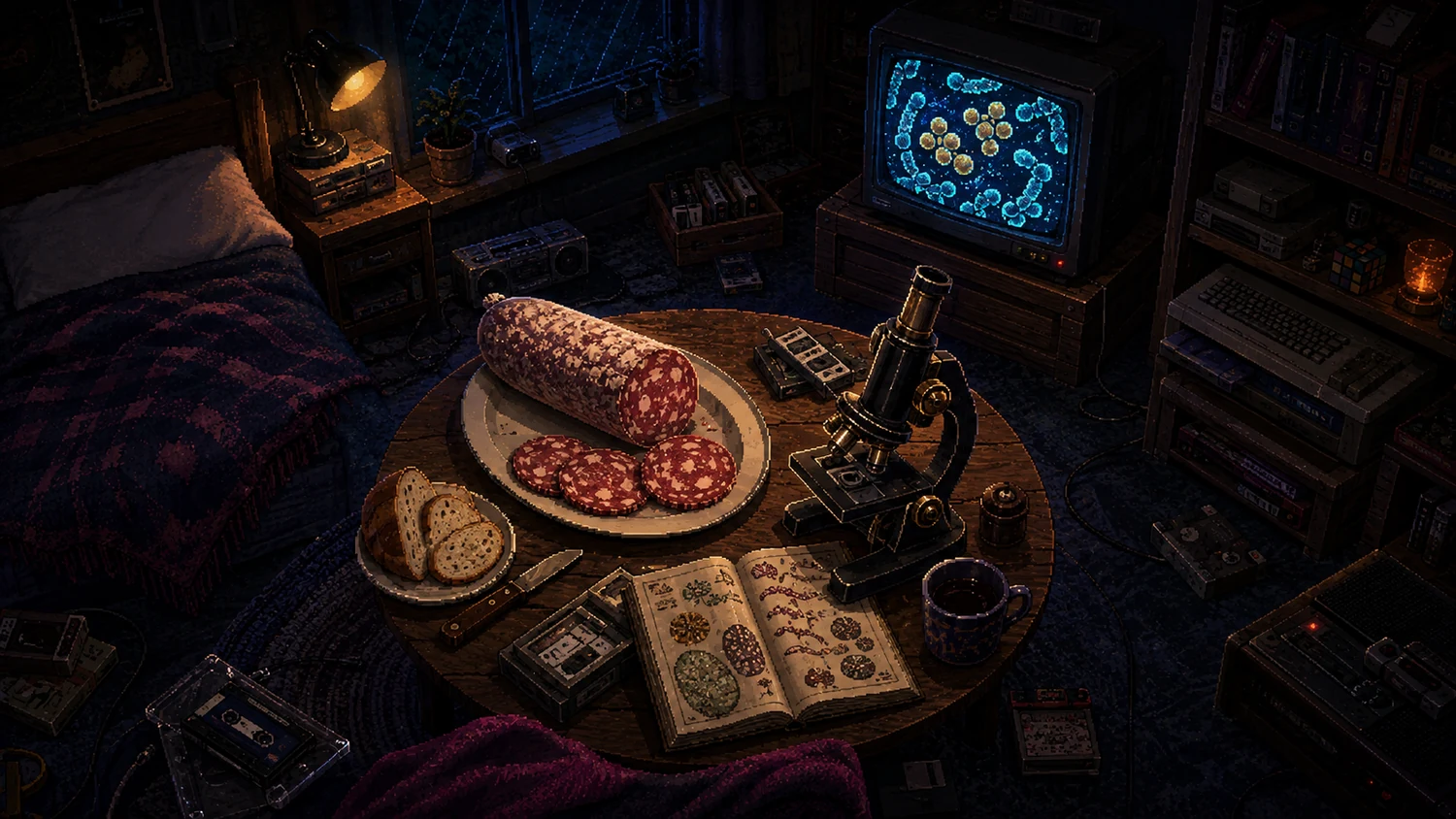 Salami slices and a microscope on a round table in a pixel-art bedroom, with bacteria illustrated on a CRT