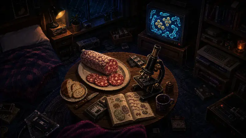 Salami Day 2026: The Microbial World Inside a Slice Salami slices and a microscope on a round table in a pixel-art bedroom, with bacteria illustrated on a CRT