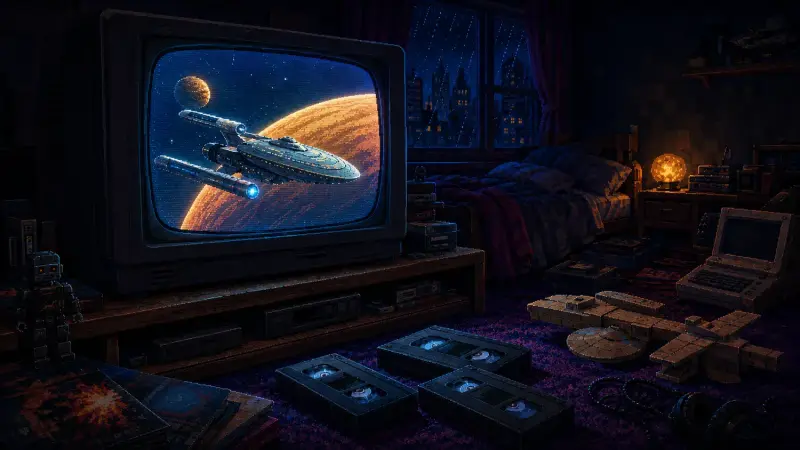 Pixel-art bedroom with a spacecraft on a CRT television, three VHS tapes and a handmade cardboard space model
