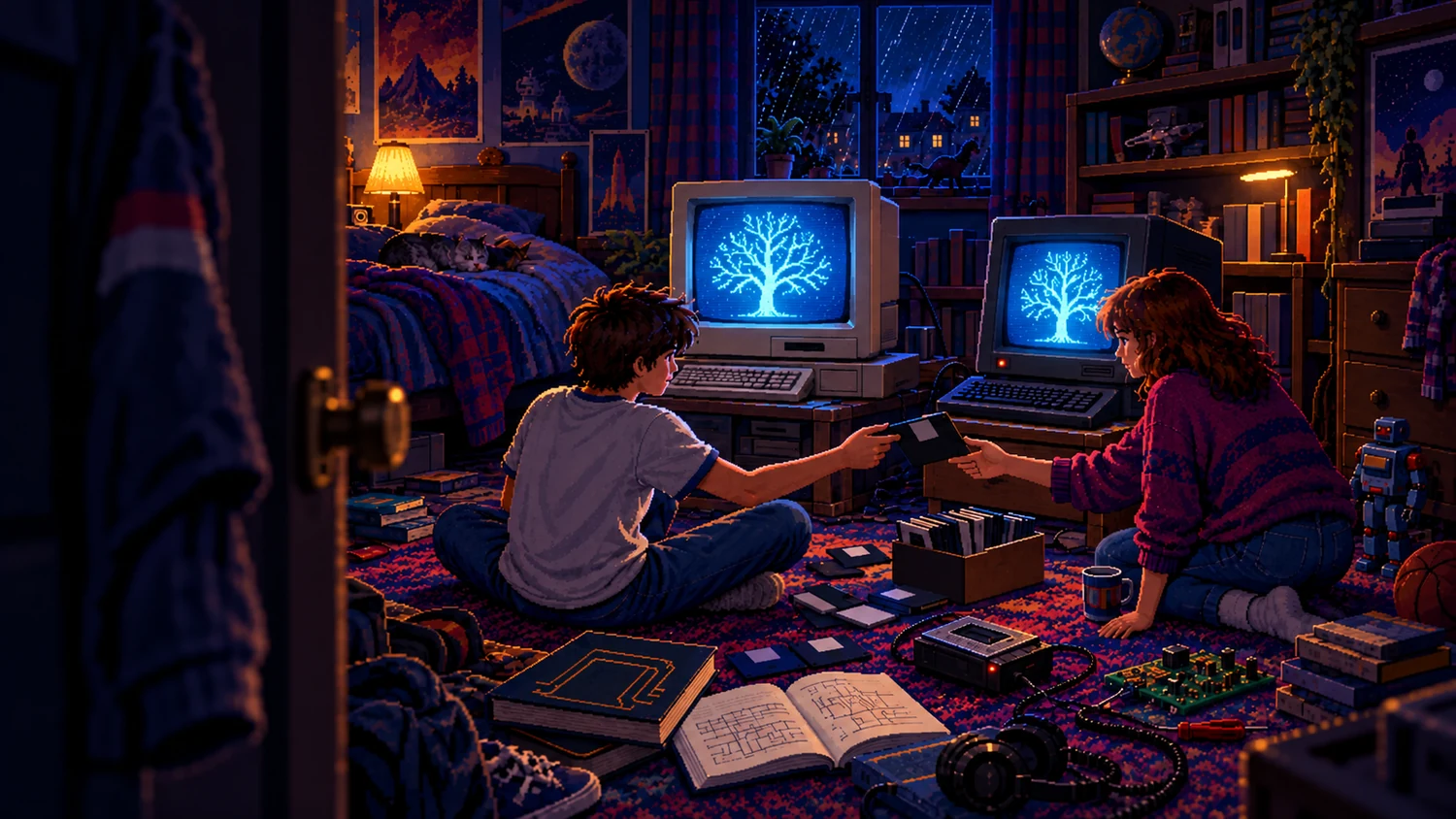 Dennis Ritchie: C and Unix portability Two teenagers pass a floppy disk between different retro computers displaying the same cyan tree in a pixel-art bedroom