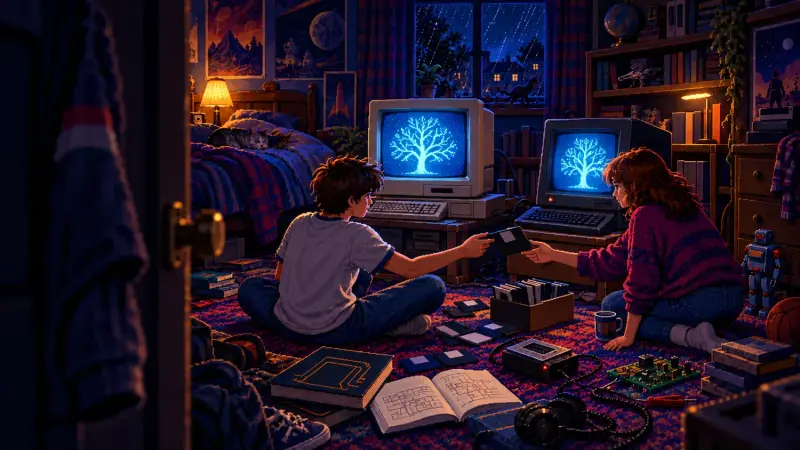 Dennis Ritchie at 85: The Code That Could Travel Two teenagers pass a floppy disk between different retro computers displaying the same cyan tree in a pixel-art bedroom