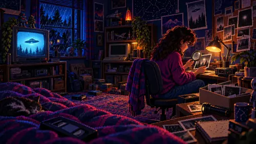A teenage girl examines a photograph with a magnifying glass in a pixel-art bedroom while a CRT shows a UFO over a forest