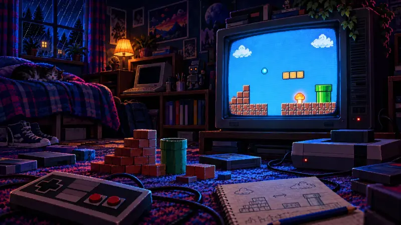 Super Mario Bros. at 41: Learning to Read World 1-1 Pixel-art bedroom with a platform game on a CRT, a controller and a handmade model of brick steps and a pipe