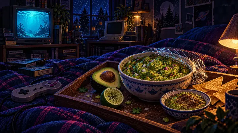 Pixel-art retro bedroom with guacamole, an avocado half and lime on a bed tray, beside a small browned sample