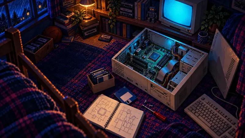 Pixel-art bedroom seen from above, with an open beige computer, floppy disks and a circuit notebook beside a glowing CRT