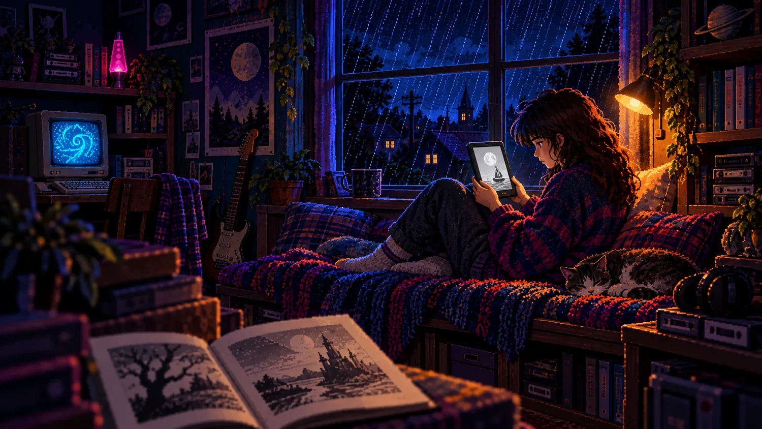 Reading an ebook by a rainy window Pixel-art teenager reading an e-reader on a window seat in a dark retro bedroom, surrounded by books and old computers