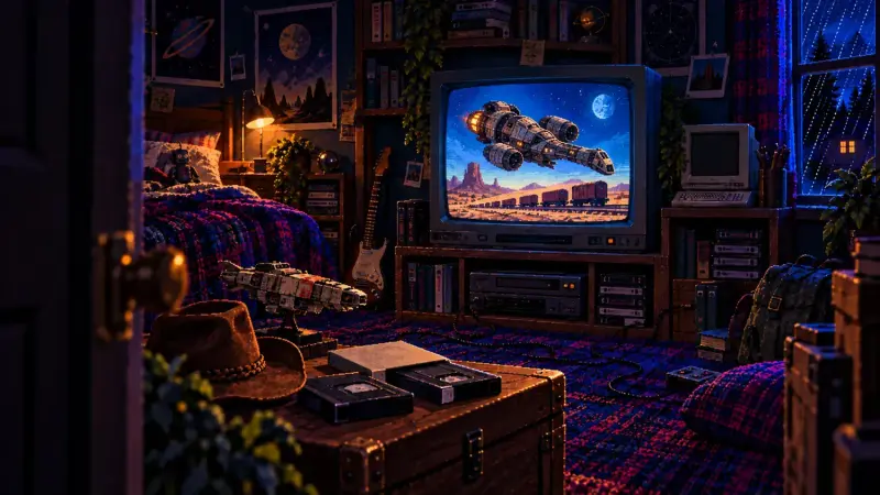 Pixel-art retro bedroom seen through a doorway, with the Serenity spaceship on a CRT television and two VHS tapes on a chest