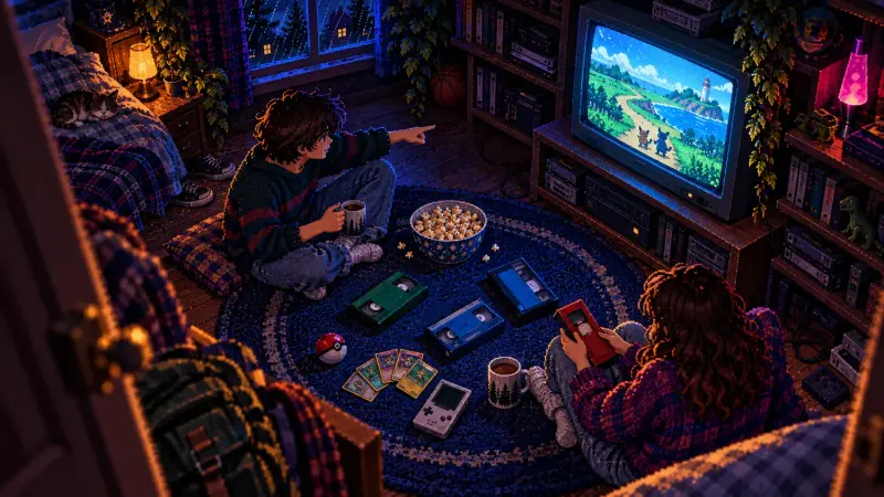 Pixel-Art-Draufsicht auf zwei Freunde mit VHS-Kassetten auf einem Jugendzimmerteppich, einer Handheld-Konsole und einem Röhrenfernseher mit einem Küstenabenteuer.